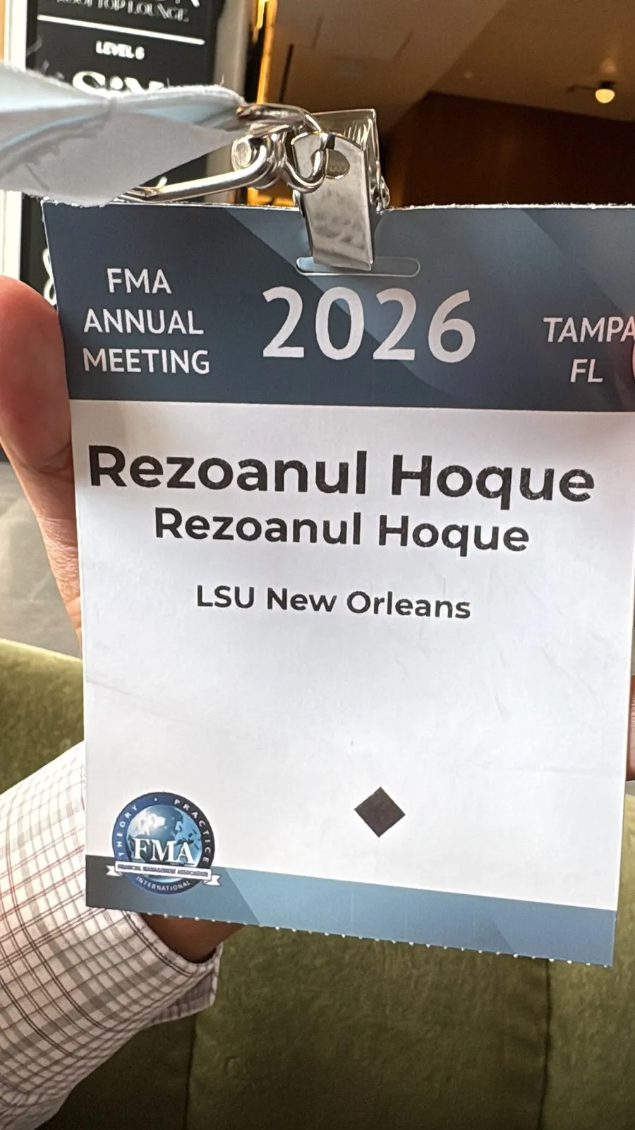 M. R. Hoque's name badge for the FMA 2026 Annual Meeting in Tampa